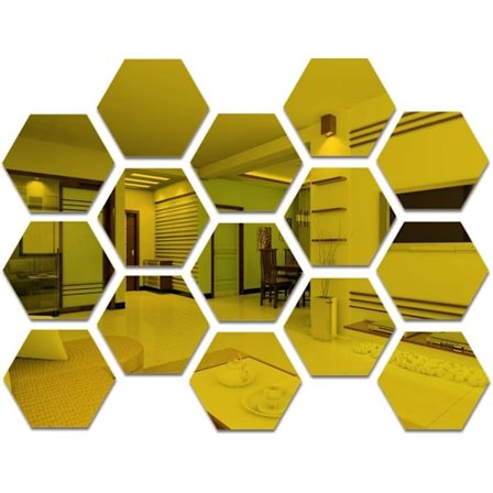 Sæt af 15 Hexagon Guld Akryl Vægspejle (9cm/Guld) - Vægsmykke