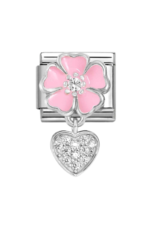 CHARMS 925 Sterling Silver, Enamel & CZ Pink Flower with Heart