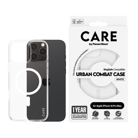 CARE by Panzer Flagship Case Transparent Urban Combat w. White MagSafe iPhone 16 Pro Max PanzerGlass - High quality tempered glass screen protector
