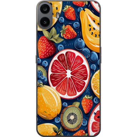 Kompatibelt Mobildeksel til Nothing CMF Phone 1 Detaljert fruktmønster med sitrus, kiwi, jordbær og blåbær på en mørk bakgrunn