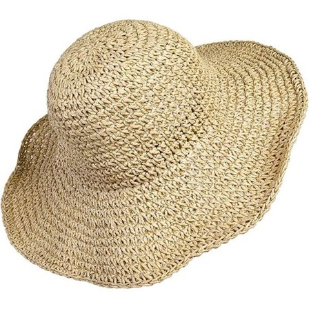 Strohatt (56-58 cm) Kvinners Strandbrettet Solhatt Stor Dame Papir Floppy Flette Bredbremmet for Reisedekorasjon Sommerferiedekorasjon Beige