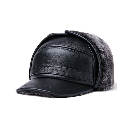 Herre 100% ekte kuskinnhatt Vinter varm utendørs beskytt øre ekte skinnlue for vinter varm fôr (svart og hvit ull) XL {57-58cm}