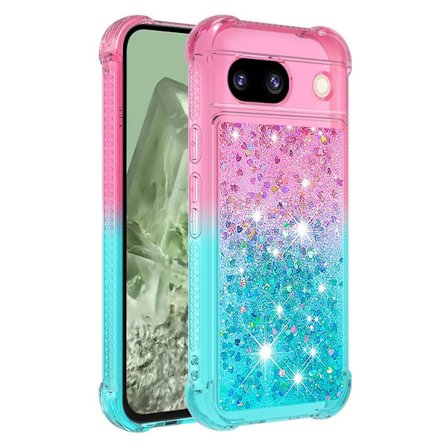 SKALO Google Pixel 8a Kvicksand Glitter Hjerter TPU Cover - Pink-Turkis