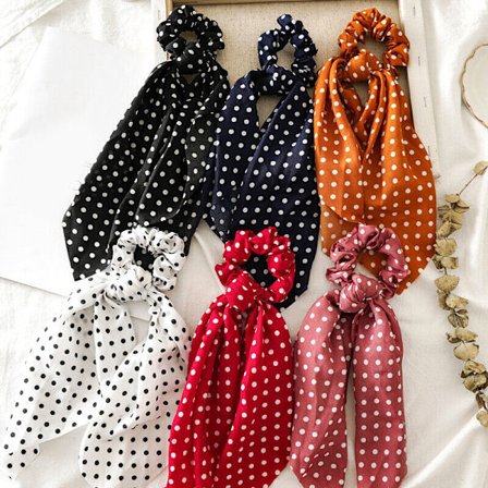 6pcs Polka Dot Print Ribbon Scrunchies Ponytail Long Scarf Bow Elastic Hair Tie Rope