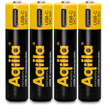 Aqiila USB-C Rechargeable Battery, Size AAA, 600 mAh, 1.5V (4-pack)