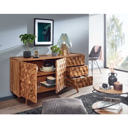 Rootz skænk 138x76x45 cm massiv sheesham træ skænk med låger og skuffer - Kommode kommode skab træ moderne - Stå skab stue