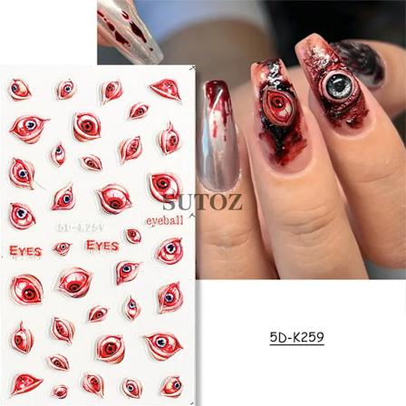 5D Rød Ond Øje Kugle Negleklistermærke Præget Halloween Dekoration Blod Spindel Design Centipede Skorpion Manikyr Slider LEB5D-K257 5D-K259