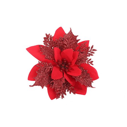 Glitter Poinsettia Kunstige Blomster - 12 stk Lyse Røde Ornamenter