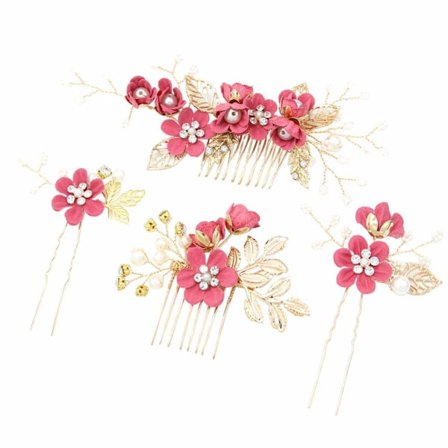 4 st Brudhåraccessoarer Bröllop Hår Sidokam Pärlblomma Hårklämmor (Rosy)
