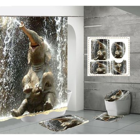 (F) Vandtæt bruseforhængssæt med 12 kroge Toiletbetræk Sæde Bademåtter til badeværelse Skridsikkert tæppe Vinduer Gardin