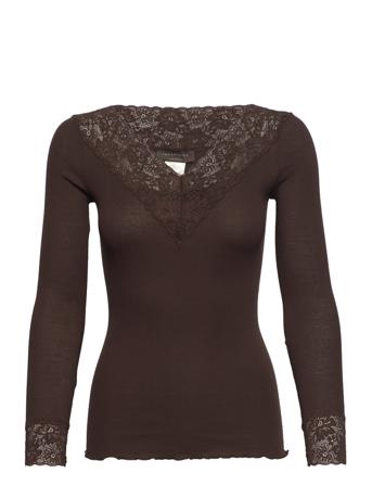 Organic T-Shirt W/ Lace T-shirts & Tops Long-sleeved Burgundy Rosemunde