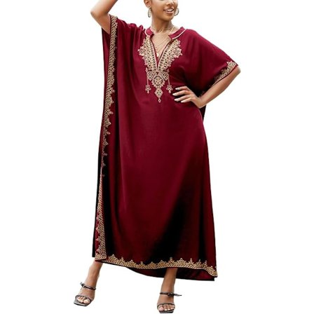 Kaftan med blomsterbroderi, boheme strandkjole, bikini-coverup, lang strandkaftan til kvinder