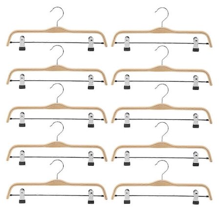 10-pakning solide bukse-/skjørthengere i tre med rustfrie klyper, kleshengere