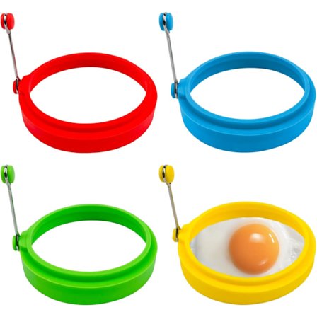 Æggeringsæt, silikone æggeringsforme, stege ægringe og non-stick æggepander, flerfarvet, 4-delt sæt.