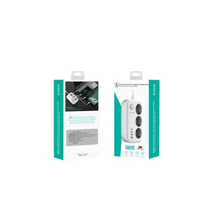 SiGN 65W GaN snabbladdning grenuttag 3-vägs/2x USB-A/2x USB-C, 2m - Vit