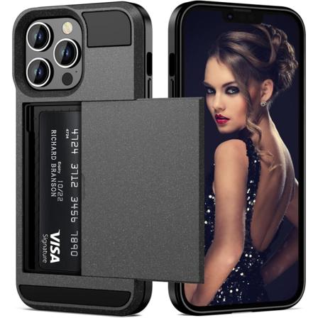 Etui til iPhone 13 Pro Max med kortholder, ID-spor, glidedør, skjult lomme, ripebestandig, dobbelt lag, for menn og kvinner