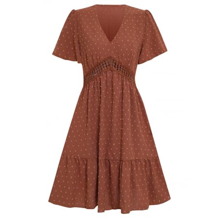 Ruffled Short Sleeve Pleated Layered Mini Dress(Brick-Red L)