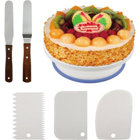 6 runda, halkfria roterande kakformar levereras med 2 spatlar i rostfritt stål och 3 bakskrapor