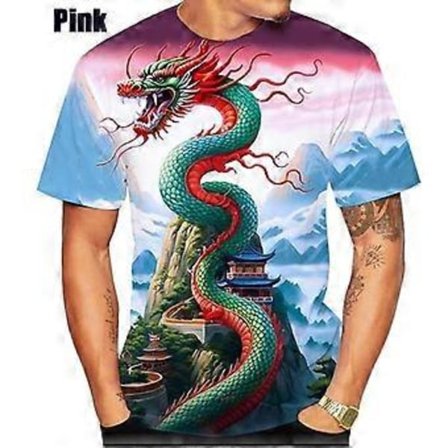 Herr Drakmönstrade T-shirts Sommar T-shirts Herr Casual 3D-tryck T-shirt Mode O-ringning Kortärmade Toppar (L rosa)