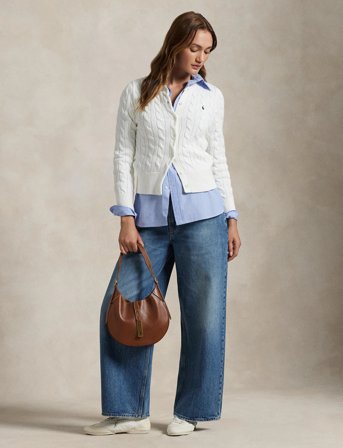 Polo Ralph Lauren Cable-Knit Cotton Crewneck Cardigan - White - L