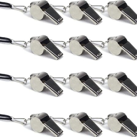 Sett med 12 rustfrie stål nødfløyter, sterk metallfløyte med snor for dommere, trenere, livreddere, basketball, fotball, hockey