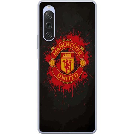 Kompatibelt Mobildeksel til Sony Sony Xperia 10 V Manchester United logo i rød og gul farge med røff sportslig bakgrunn