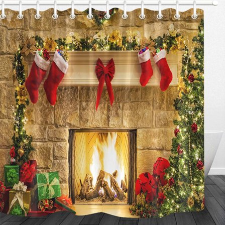 Jul Duschdraperi med Krokar - Röda Julstrumpor - 1