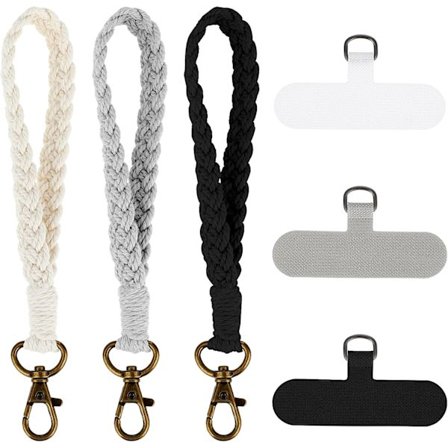 (Musta Valkoinen Harmaa) 3 kpl Boho Makramee Puhelimen Ranneke, Matkapuhelimen Kaulanauha 3 kpl Puhelinkiinnitysläpällä, Käsintehty Rannekoru