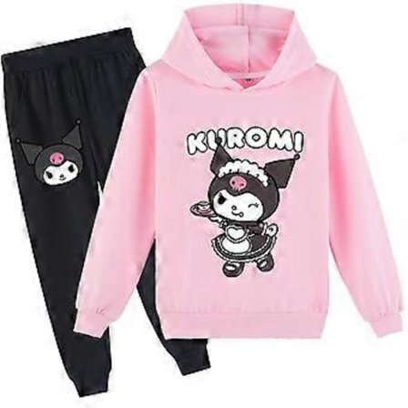 Kuromi Tryckad Träningsoverall 6-10 År Flickor Pullover Huvtröjor Huvad Sweatshirt Toppar Joggingbyxor Sweatsuit Outfits (8-9 År Rosa)