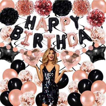 16 tums svart roséguld grattis på födelsedagen ballonger set papper blomma