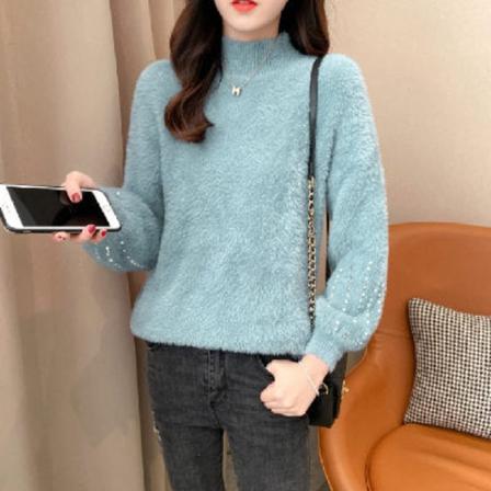 Strikkevarer for kvinner Høst Vinter Genser Heavy Industry Beads Mink Velvet Coat fortykket base Lake Blue M
