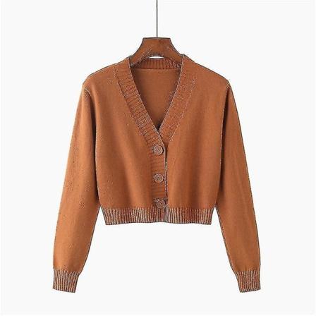 Stickad Crop Cardigan Dam Kort tröja Långärmad Khaki M
