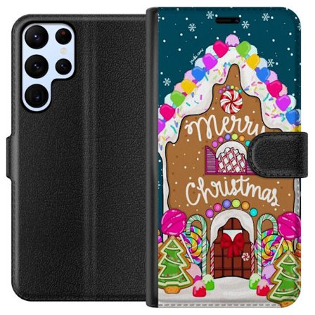Kompatibelt Lommeboketui til Samsung Galaxy S24 Ultra Pepperkakehus med fargerikt godteri snø og Merry Christmas tekst, perfekt for julelskere som øns