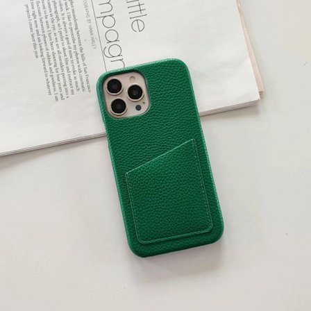 Etui til iPhone 15 grøn Pebbled Wallet med kortholder klassisk half pack
