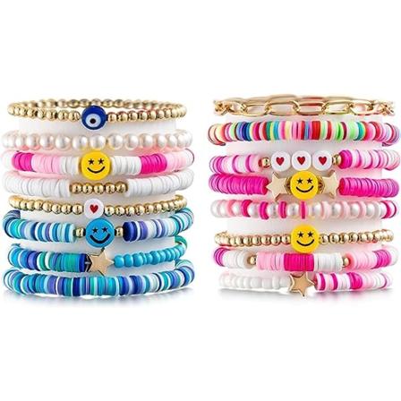Preppy Heishi Armbånd Sett Fargerik Hvit Gull Smil Hjerte Stjerne Ondt Øye Perle Stackable Charm Y2K Kidcore Tenåringer