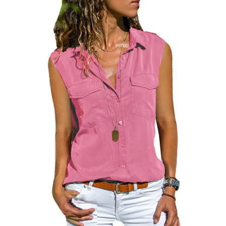 Kvinnor Button Down Tunika Skjorta Frontfickor Blus