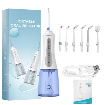 Oral Irrigator - 350 ml med 5 lägen och 6 munstycken, 4 timmars USB-laddning, 14-21 dagars användning, blå