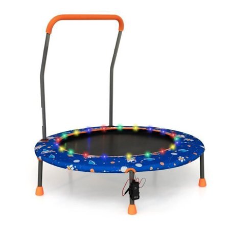 Trampolin til børn Ø92CM COSTWAY-21 Farverige LED-lys-Aftageligt håndtag-Rundt hoppemåtte-Indendørs Udendørs-Astronaut