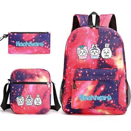 Chiikawa Jiyikawa Skolväska i tre delar för pojkar och flickor, pennfodral i campusstil, stor canvasväska i tre delar, stjärnhimmel röd~1
