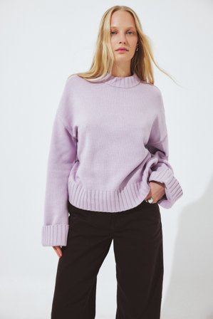 NA-KD Folded Sleeve Knitted Sweater - Oversize trøjer - Lilla - XL (EU 46)