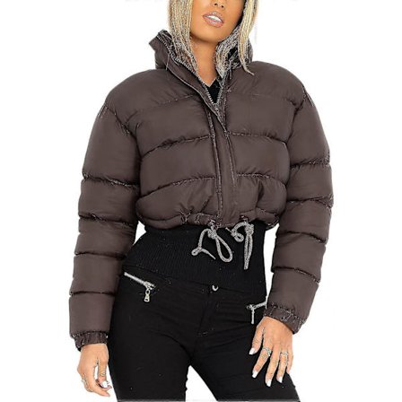 Kortermet vattert jakke med glidelås for kvinner, snøring, lange ermer, varm, kort, quiltet yttertøy for vinteren