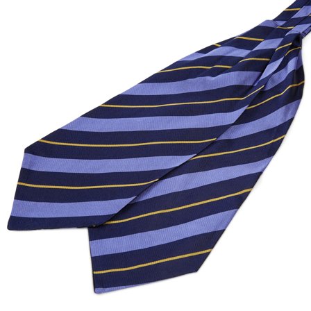 Cravatta ascot in seta blu navy con fantasia a righe oro e blu pastello per uomini - Cravatte ascot/Plastron
