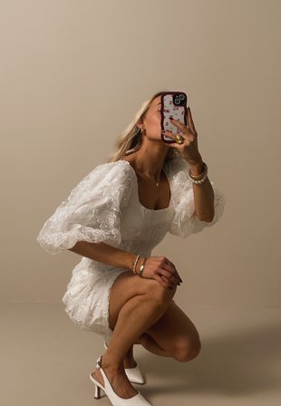 Bubbleroom Occasion - Puff Sleeve Embroidered Dress - White - Kläder