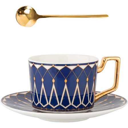Elegant Keramisk Tekopp och Fat Set, 24 cl Kaffekopp för Afternoon Tea - Geometriskt Mönster