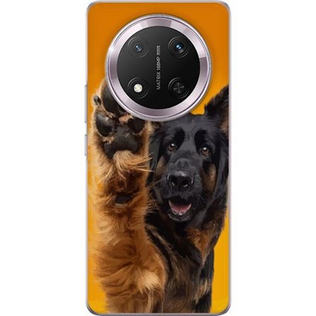 Kompatibelt Mobilskal till Honor Honor Magic7 Lite Glad hund vinkar med tassen charmigt djurporträtt på gul bakgrund perfekt för hundälskare