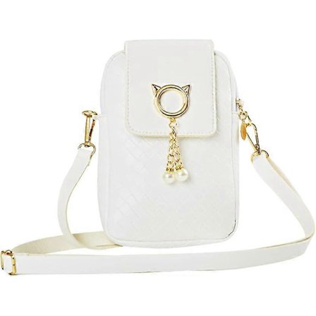 PU-lædertaske til damer med lynlås og trykknap, mobiltelefontaske, lille taske med perlevedhæng Blanco