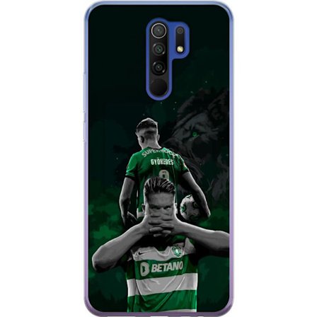 Yhteensopiva Puhelinkuori Xiaomi Redmi 9 Neonmotiivi, jossa teksti "Gaming is in my DNA" sinisenä ja punaisena tiiliseinällä, jossa loistava DNA-spira