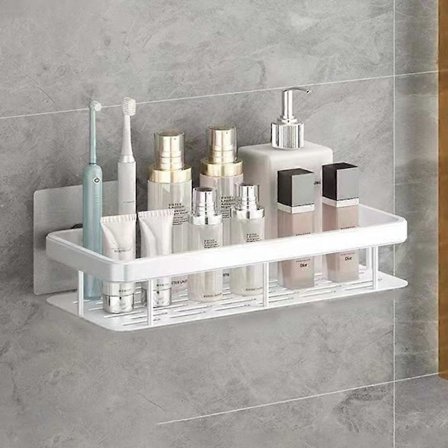 Badeværelse Aluminium Hylde Brusebad Borefri Vægmonteret Opbevaringshylde Rektangulær Opbevaringshylde (Hvid, Hvid)