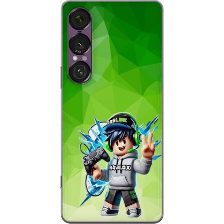 Kompatibelt Mobildeksel til Sony Xperia 1 VII Roblox-inspirert gamerfigur med headset, håndkontroll og energiske effekter mot grønn bakgrunn