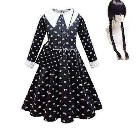 2023 Wednesday Addams Cosplay Costume Set Girls Black Printed Dress Carnival Party Disguise -a